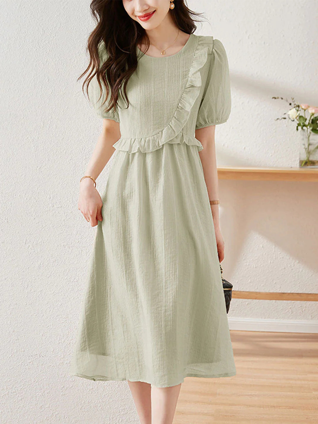 Rachel Vintage Crew Neck Ruffle Dress-Green