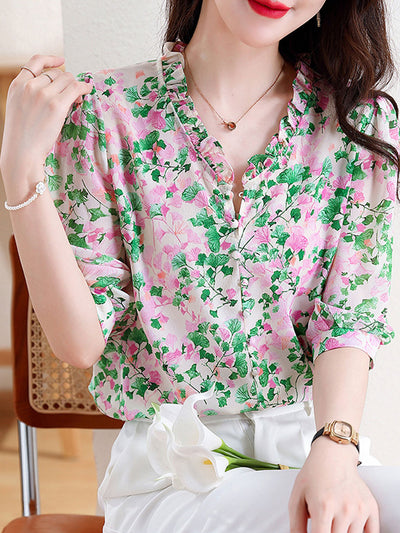 Mia Vacation V-Neck Ruffled Floral Chiffon Top-Red