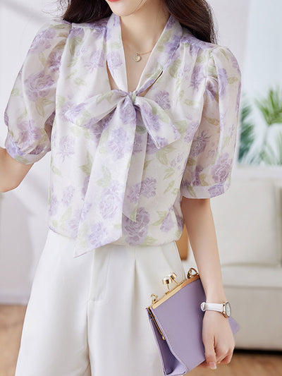 Grace Classic Bowknot Streamer Chiffon Top-Purple