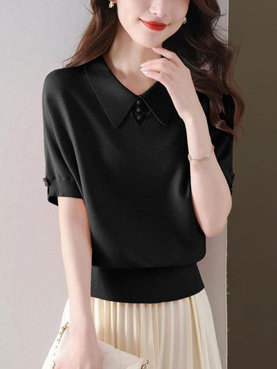 Kaitlyn Classic Polo Collar Knitted Top-Black