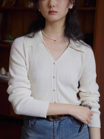 Zoey Retro V-Neck Solid Color Knitted Top