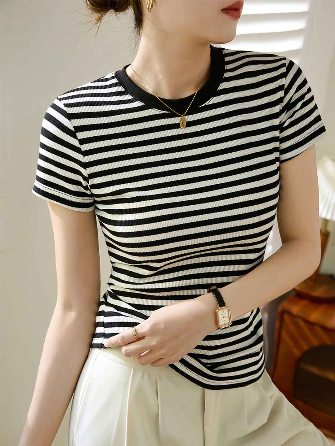 Madelyn Retro Contrast Slim Striped Top