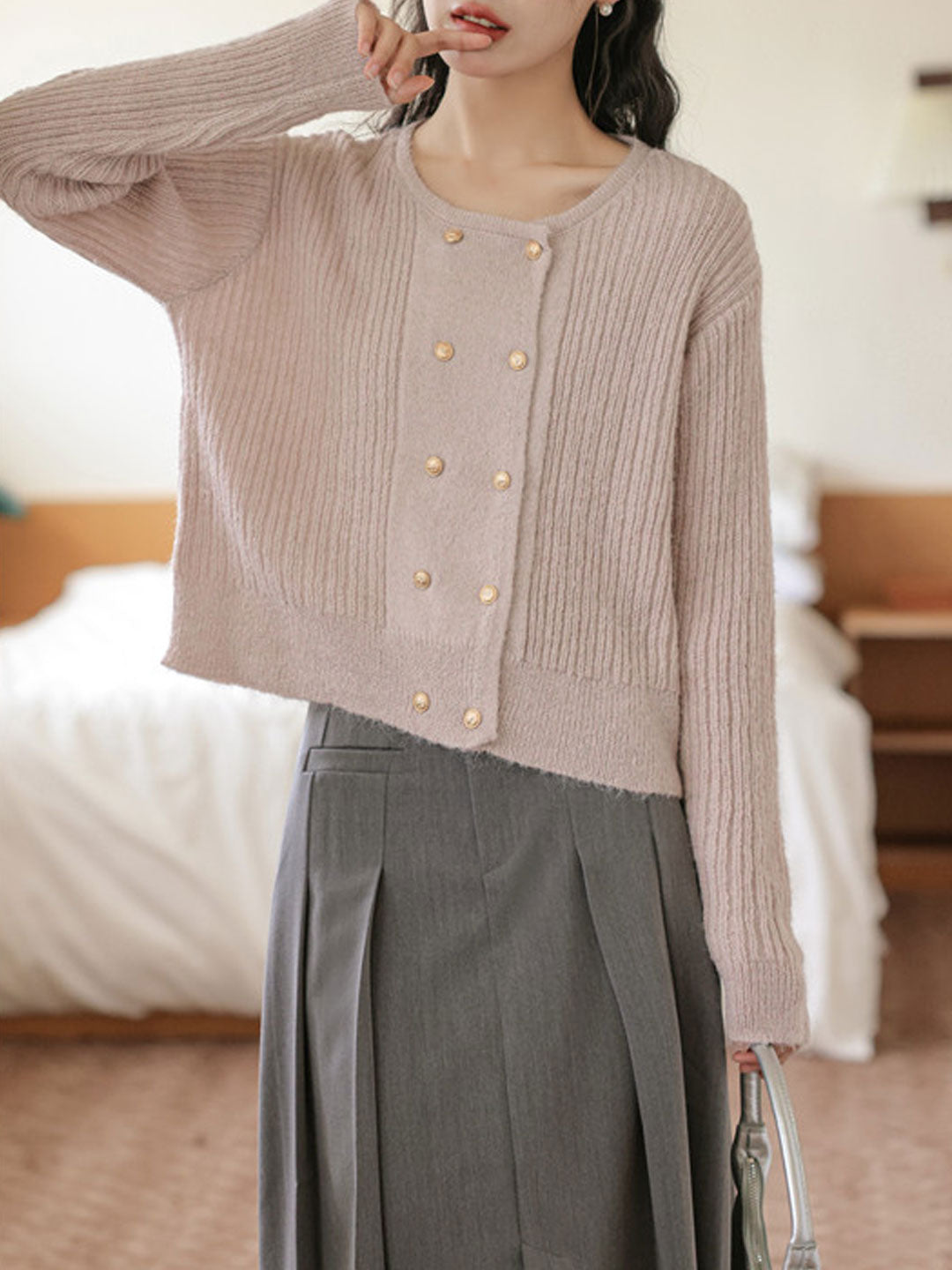 Emily Loose Crew Neck Double-Breasted Knitted Cardigan