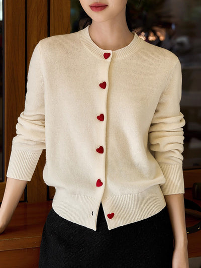 Raya Elegant Crew Neck Heart Button Knitted Cardigan-Pink