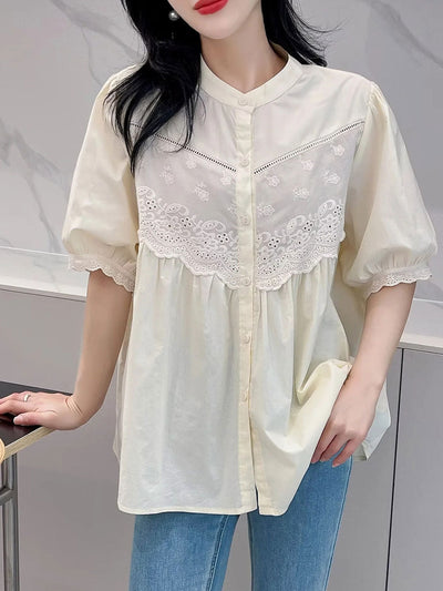 Layla Retro Hollowed Paneled Lace Shirt-Light Yellow