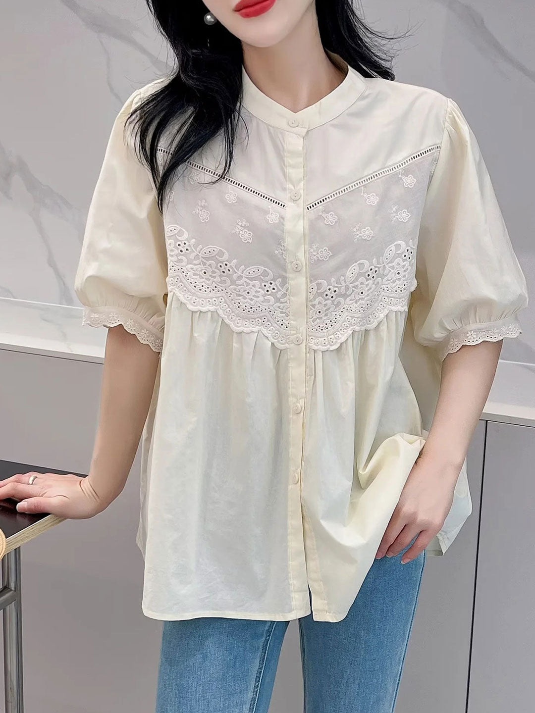 Layla Retro Hollowed Paneled Lace Shirt-White