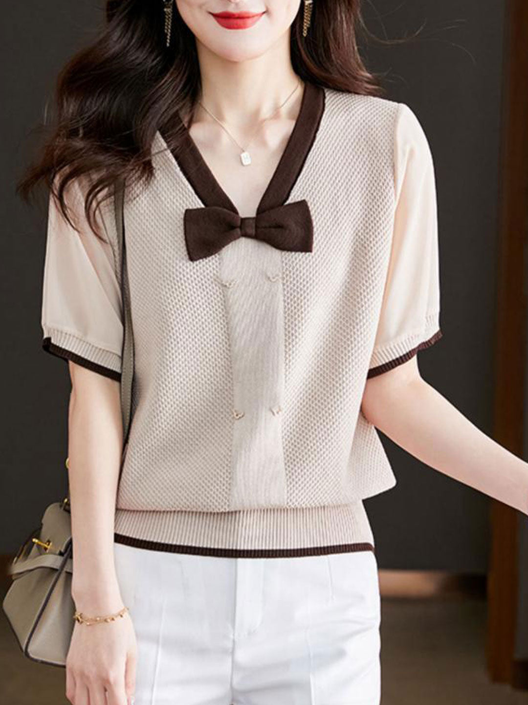 Brianna Loose V-neck Bow Knitted Top