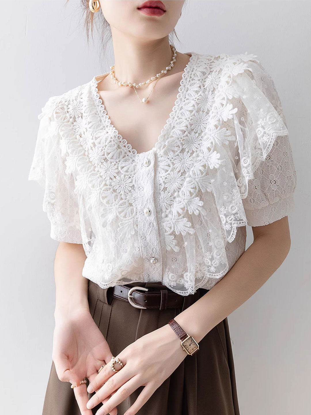 Kaylee Vintage V-Neck Solid Color Lace Blouse