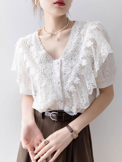 Kaylee Vintage V-Neck Solid Color Lace Blouse