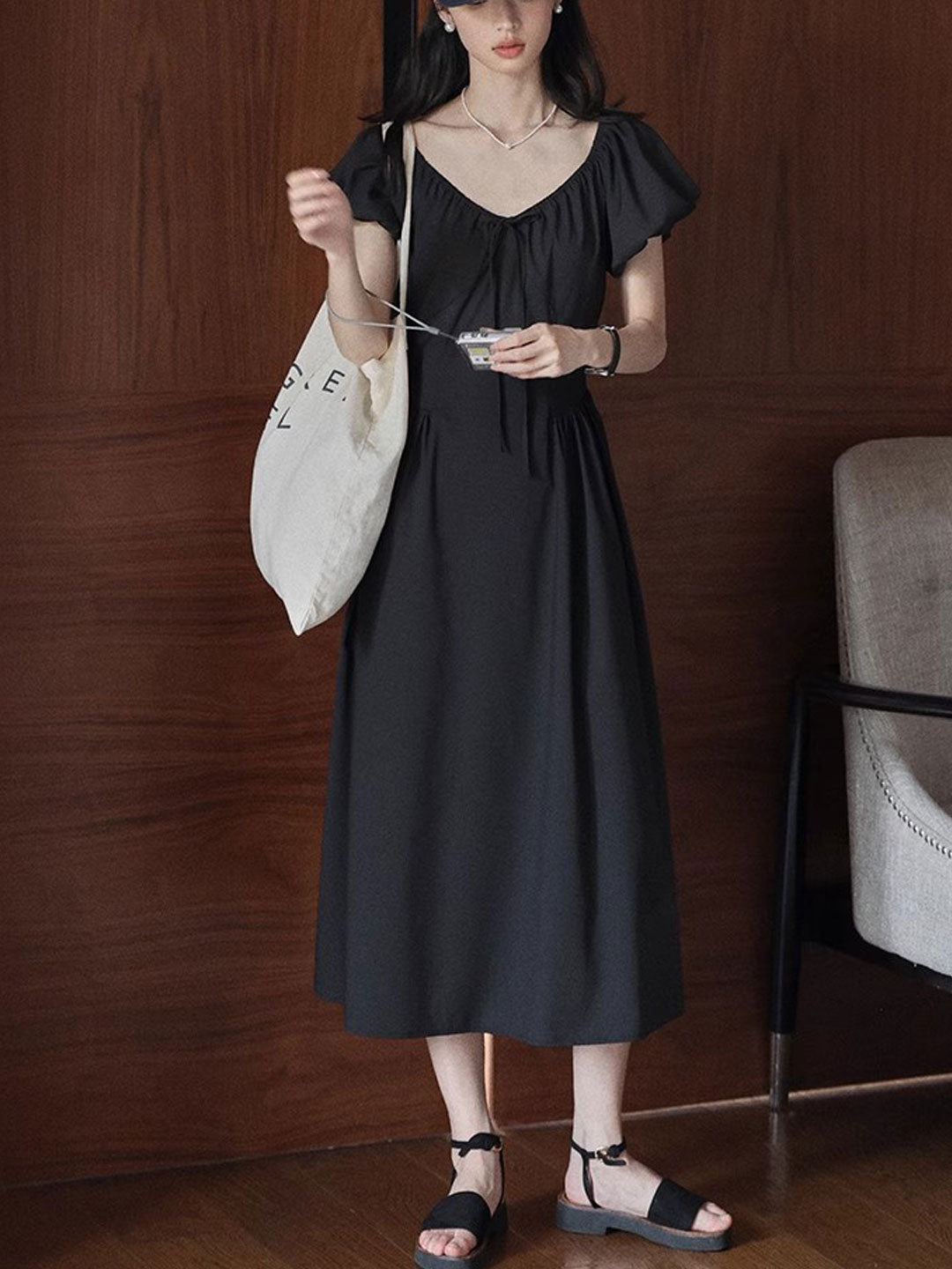 Kylie Vintage V-Neck Puff Sleeve Dress