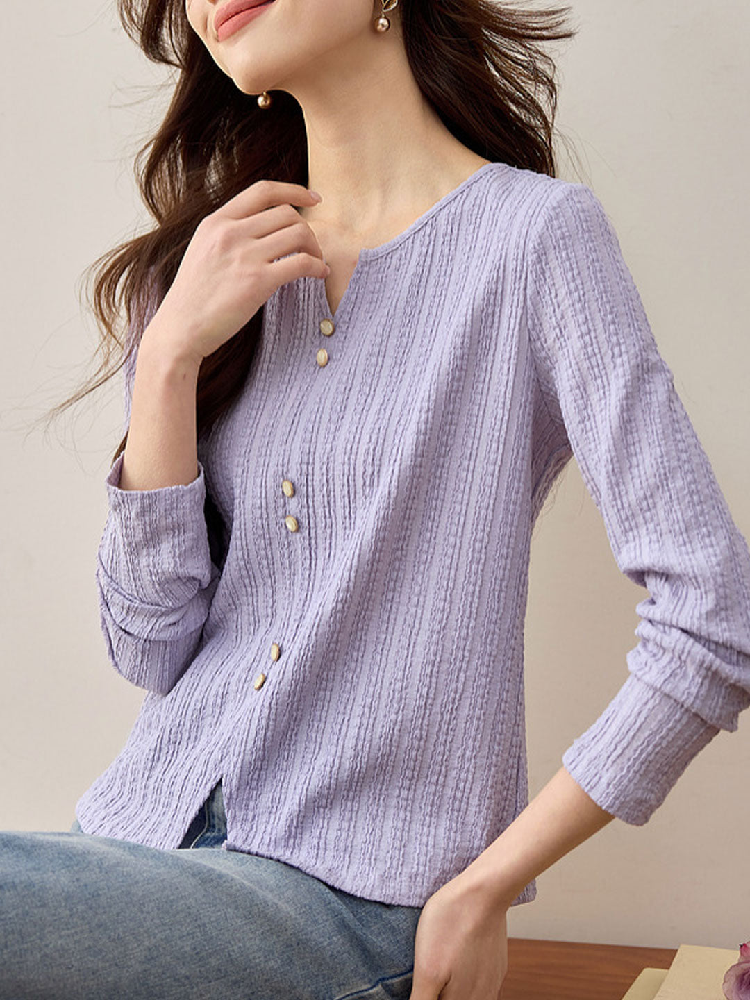 Mariah Elegant Crew Neck Textured Button Top