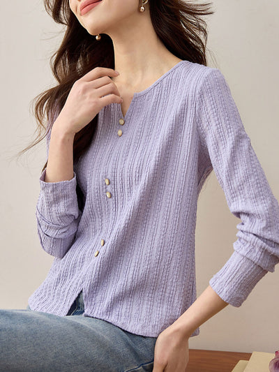 Mariah Elegant Crew Neck Textured Button Top