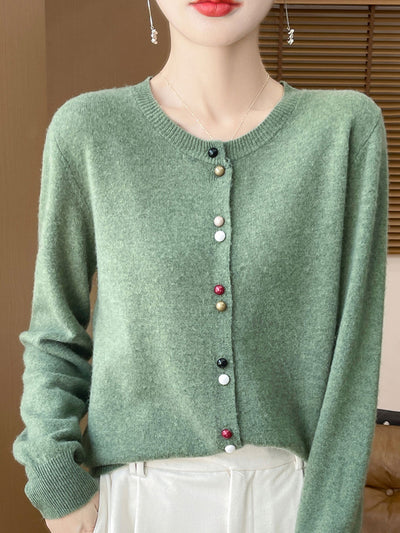 Mya Loose Crew Neck Solid Color Knitted Cardigan-Red