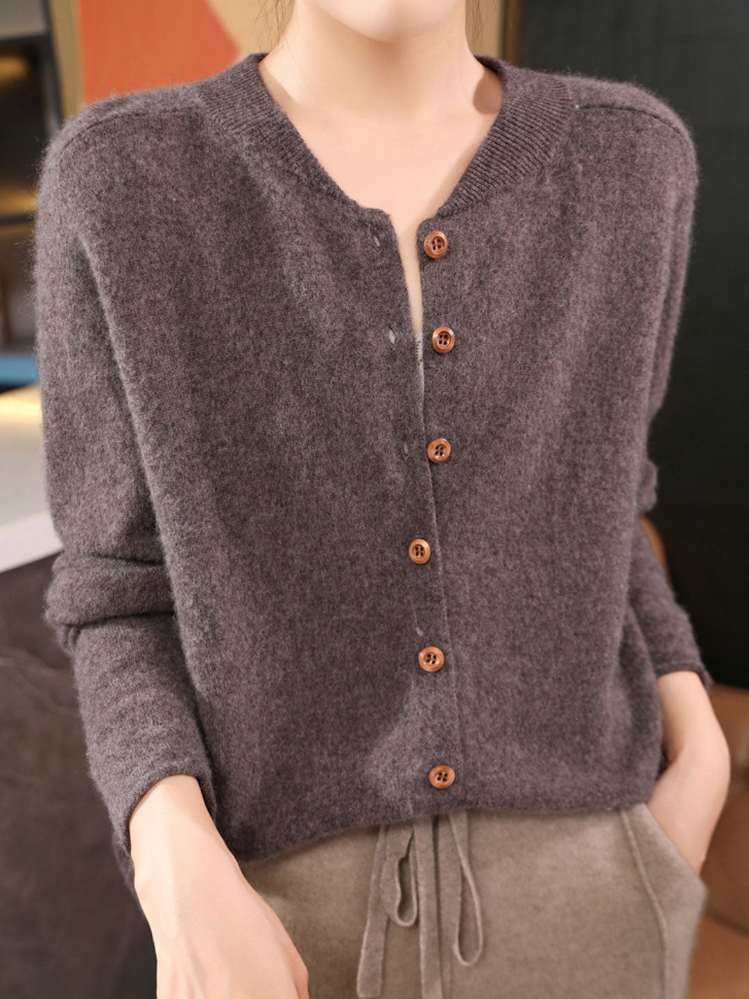 Natalie Classic Crew Neck Solid Color Knitted Cardigan-Red