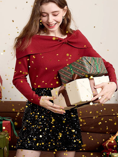 Brianna Off-Neck Bow Knitted Sweater