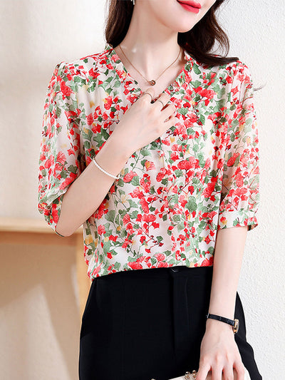 Mia Vacation V-Neck Ruffled Floral Chiffon Top-Red