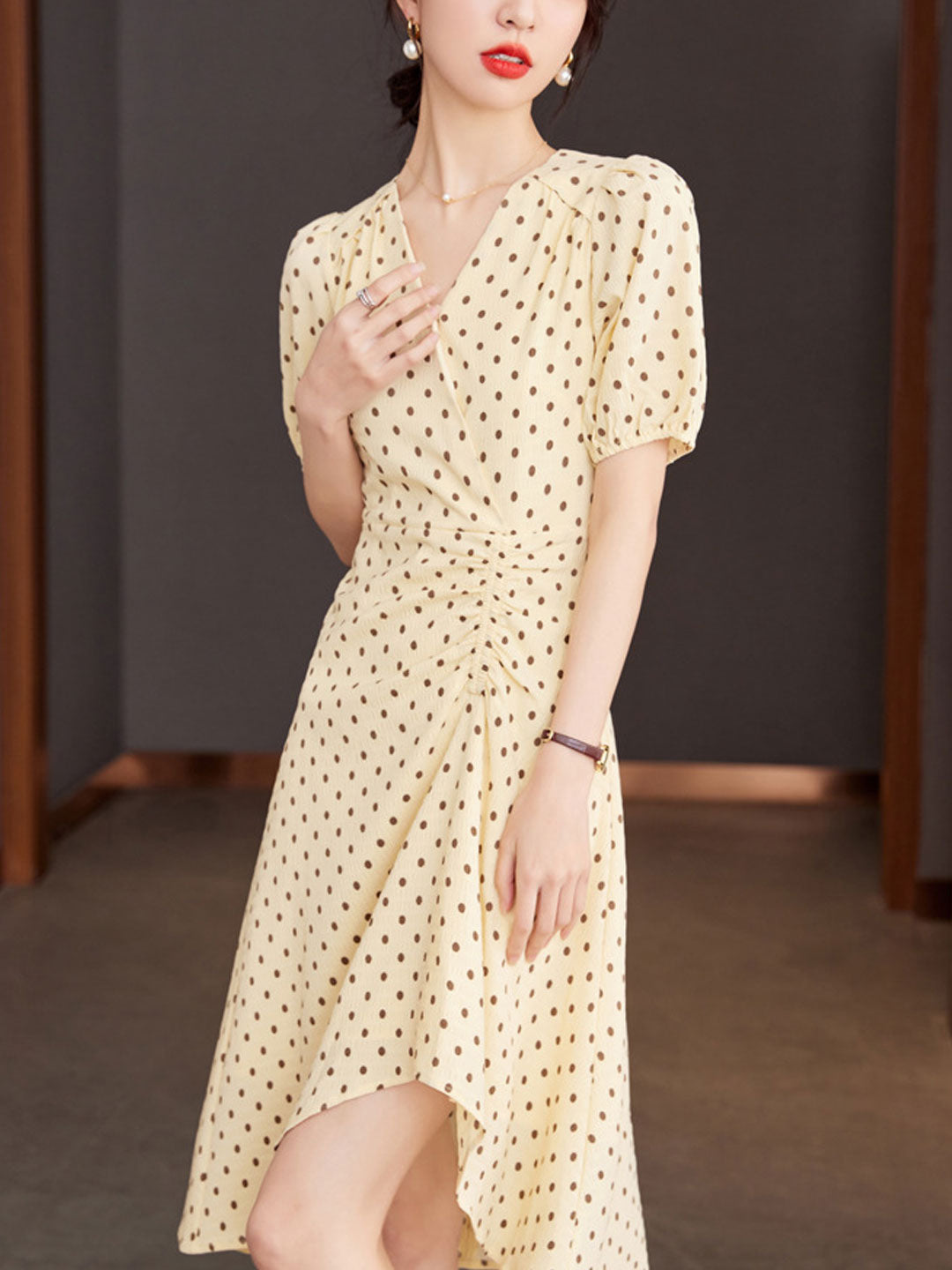 Chloe V-Neck Polka Dot Printed Irregular Dress