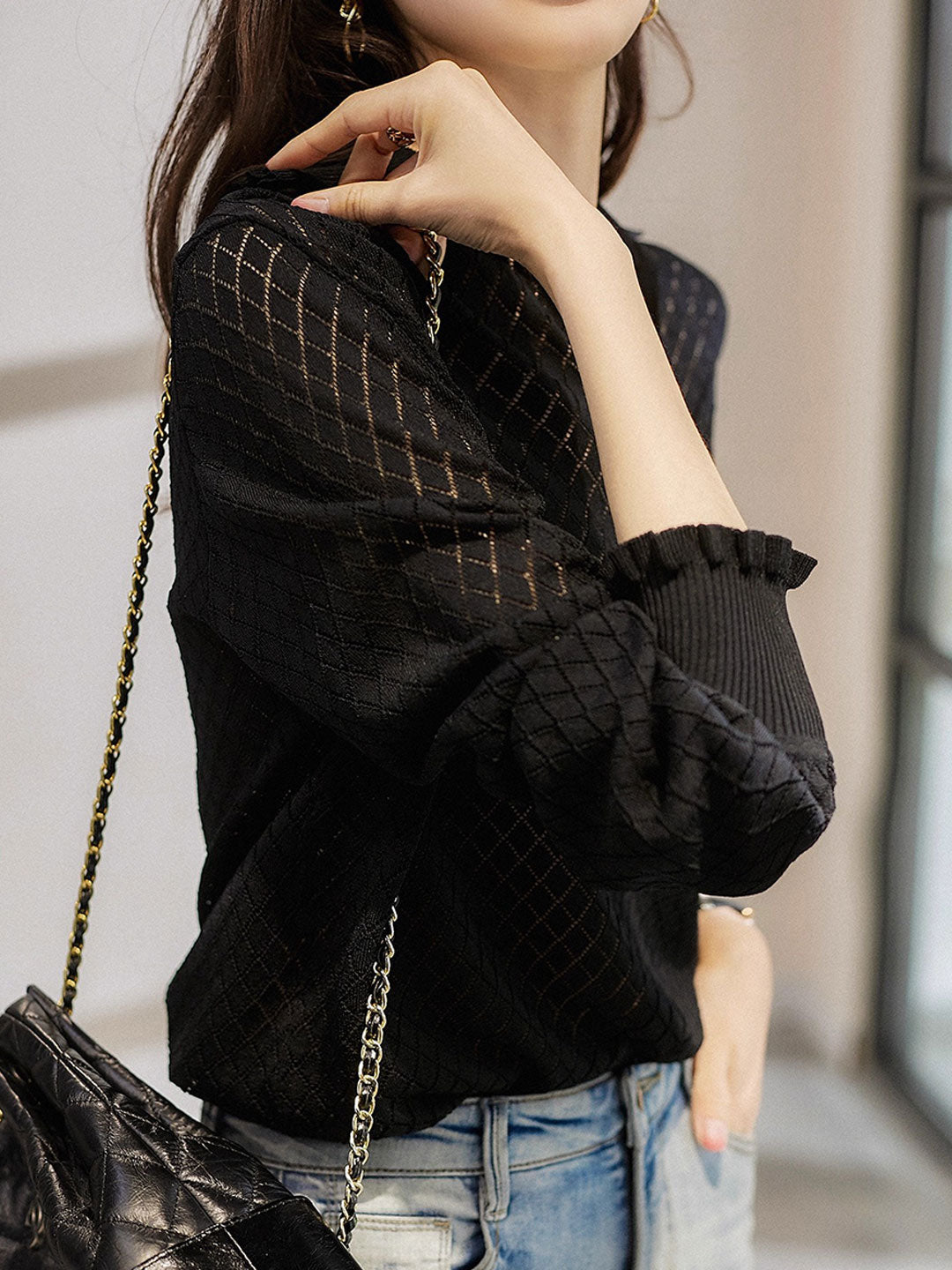 Ashley Classic V-Neck Hollow Solid Color Knitted Top