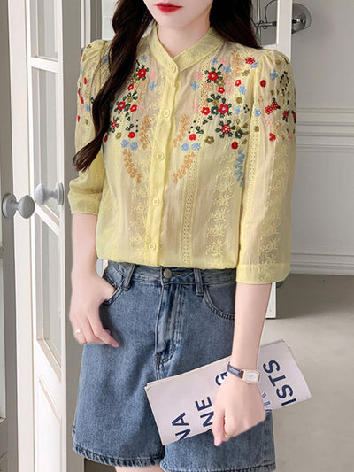 Brianna Vintage Embroidered Jacquard Top-Yellow