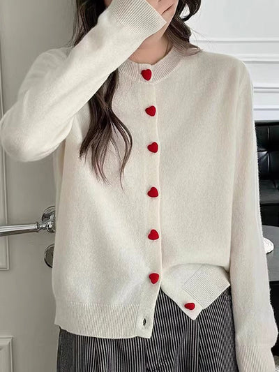 Raya Elegant Crew Neck Heart Button Knitted Cardigan-Pink