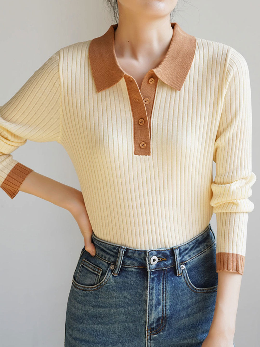 Jessica Retro Contrast Color Slim Knitted Sweater-Green