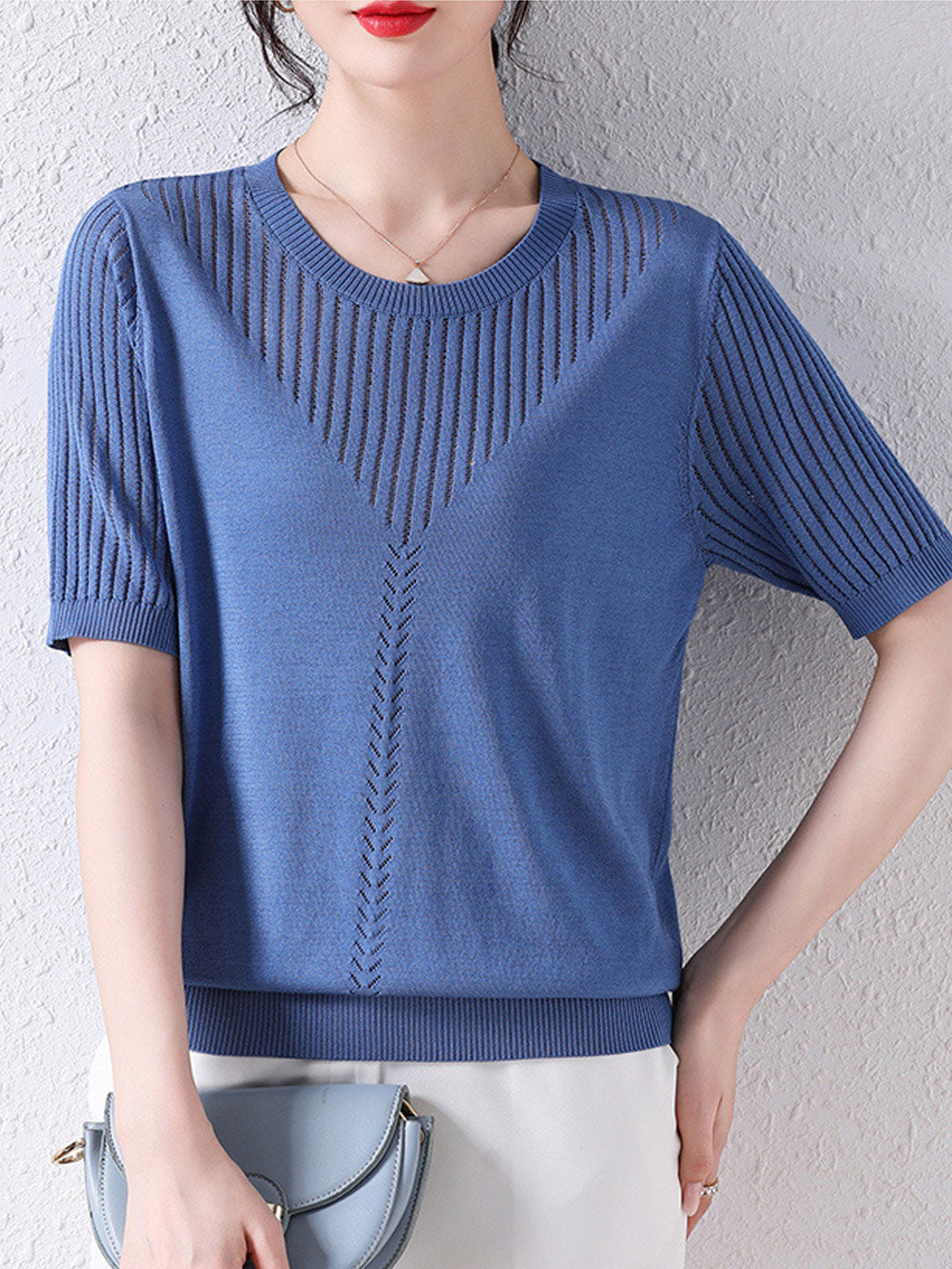 Sophie Loose Crew Neck Hollow Knitted Top-Blue