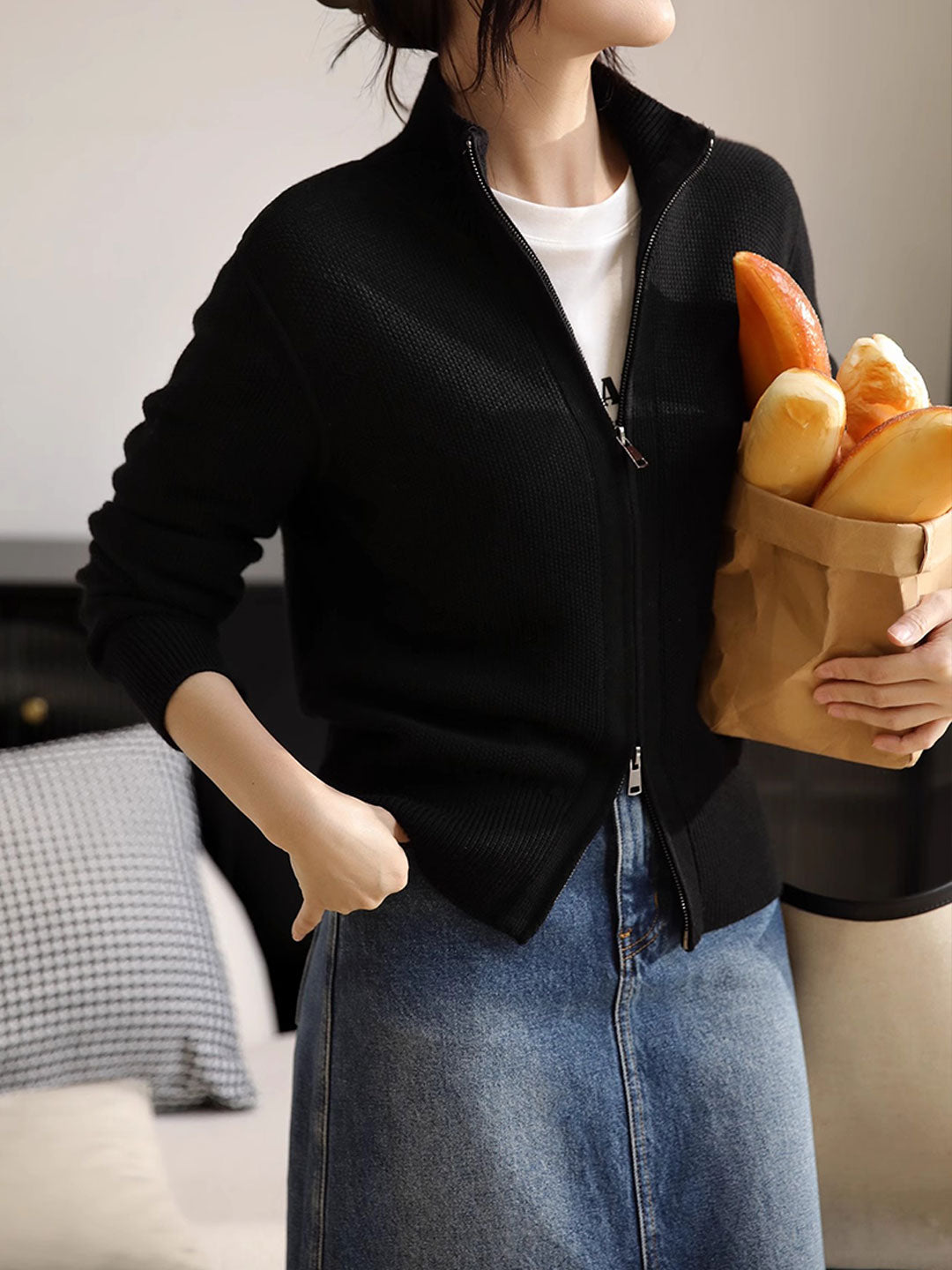 Emily Loose Zipper Solid Color Knitted Cardigan