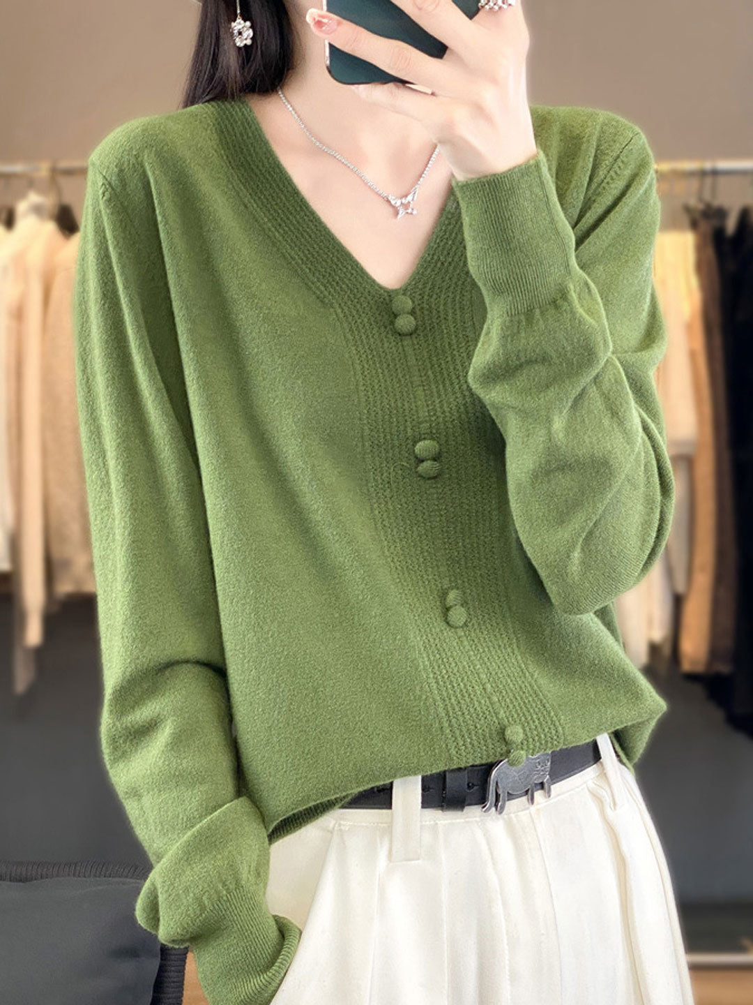 Abigail Casual V-neck Loose Knitted Sweater-Green