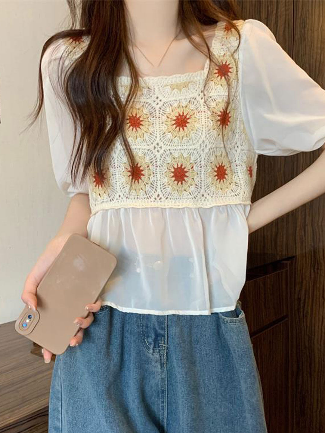 Olivia Retro Square Collar Crocheted Hollowed Chiffon Top