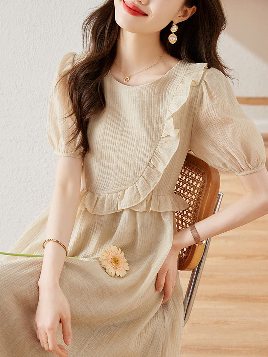 Rachel Vintage Crew Neck Ruffle Dress-Khaki