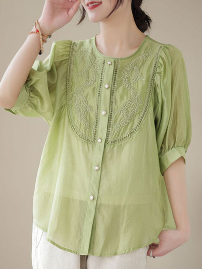 Bailey Retro Crew Neck Puff Sleeve Embroidered Top-Green