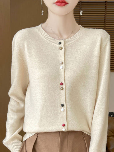 Mya Loose Crew Neck Solid Color Knitted Cardigan-Red