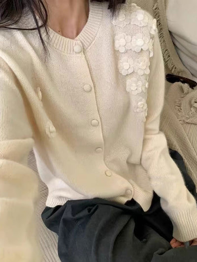 Aubrey Classic Crew Neck Flower Knitted Cardigan
