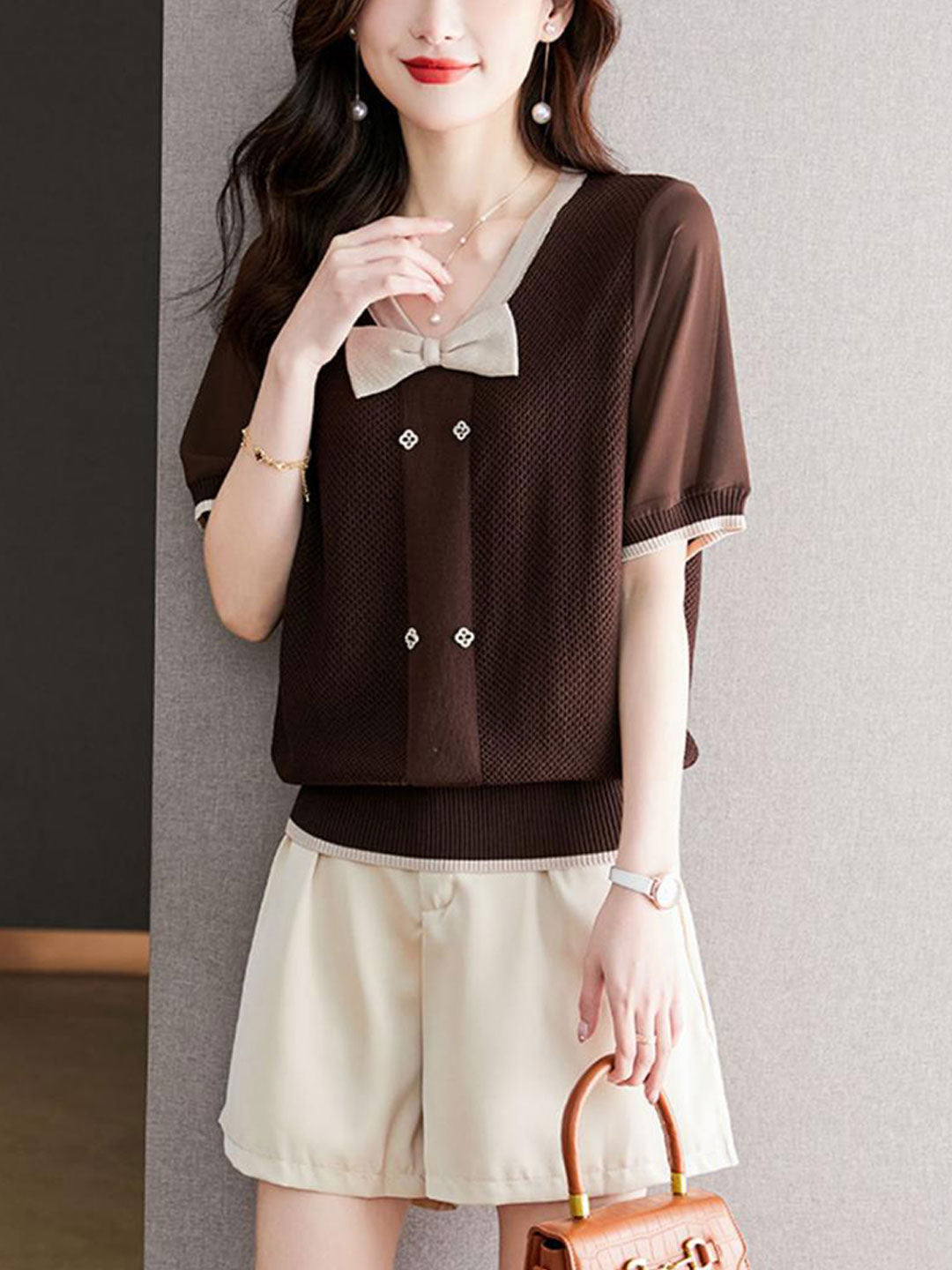 Brianna Loose V-neck Bow Knitted Top-Coffee