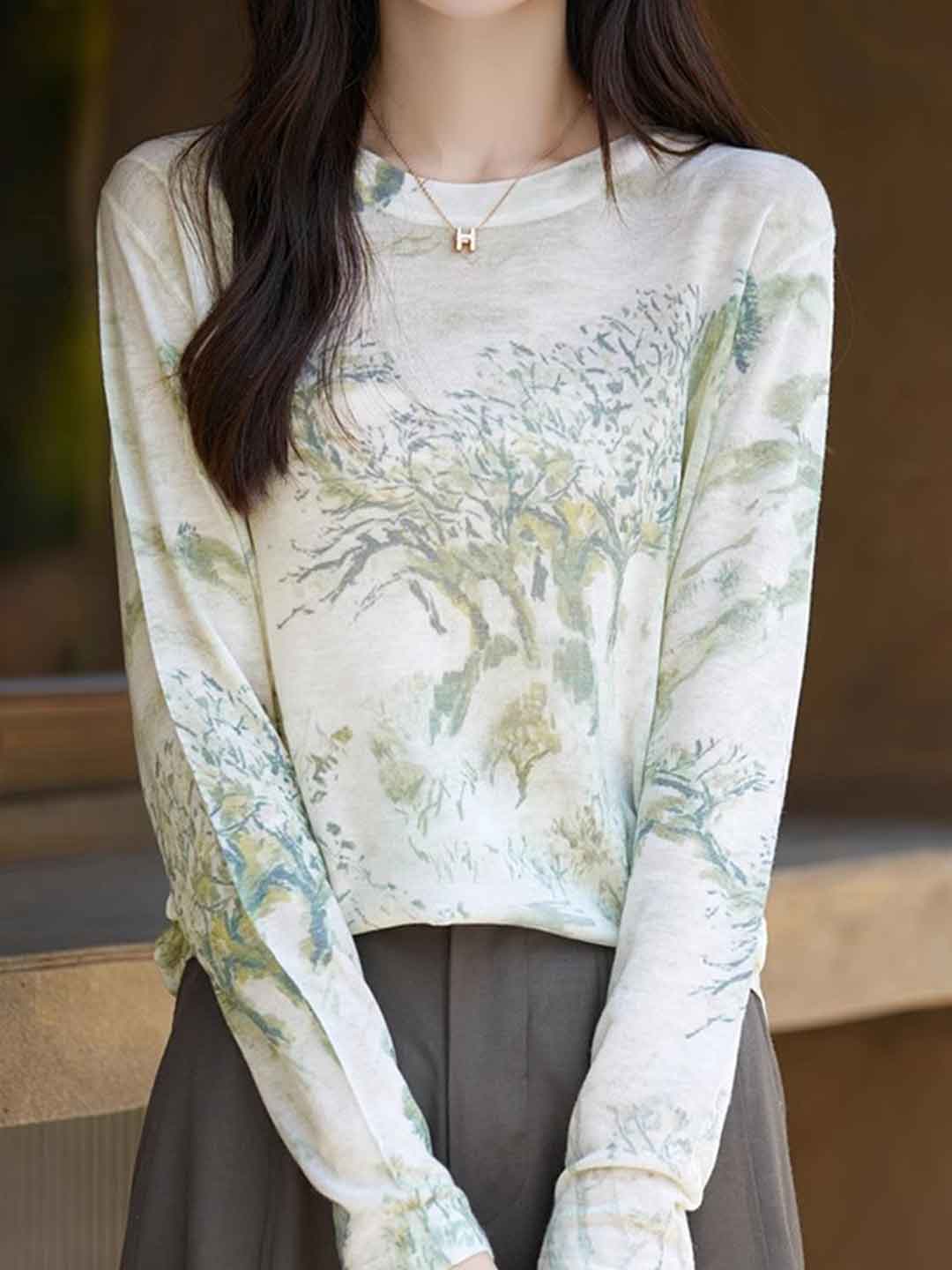 Nevaeh Casual Crew Neck Printed Wool Top-K