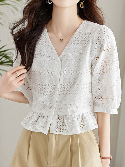 Valeria Classic Embroidered Hollowed Blouse