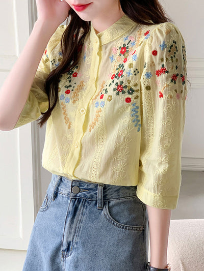 Brianna Vintage Embroidered Jacquard Top-Yellow