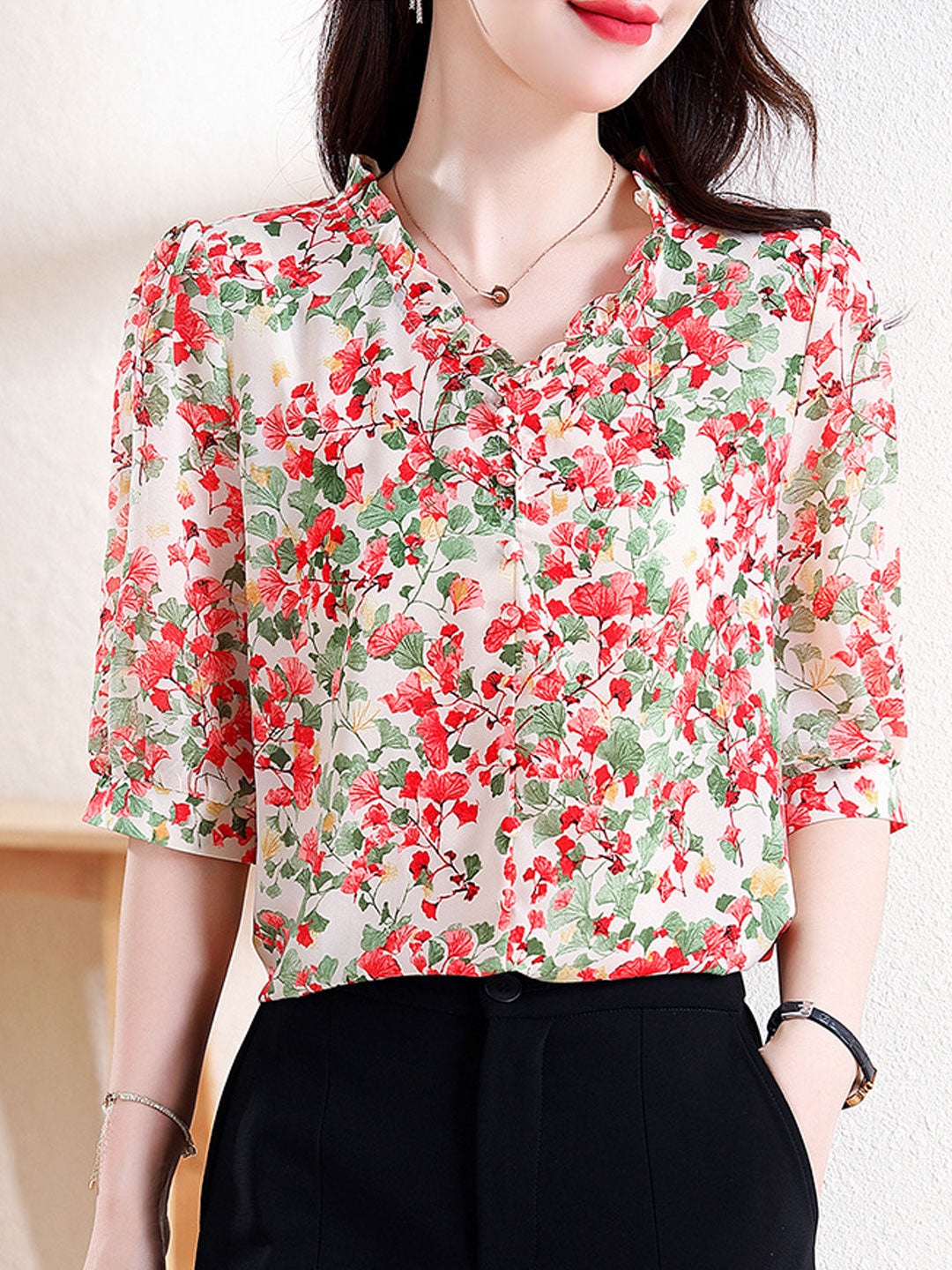 Mia Vacation V-Neck Ruffled Floral Chiffon Top-Red