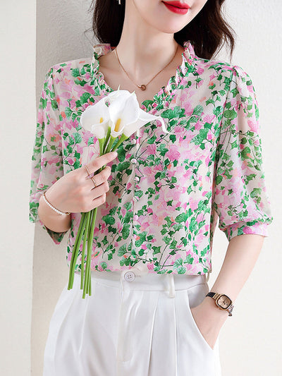 Mia Vacation V-Neck Ruffled Floral Chiffon Top-Red