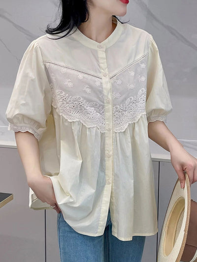 Layla Retro Hollowed Paneled Lace Shirt-Light Yellow