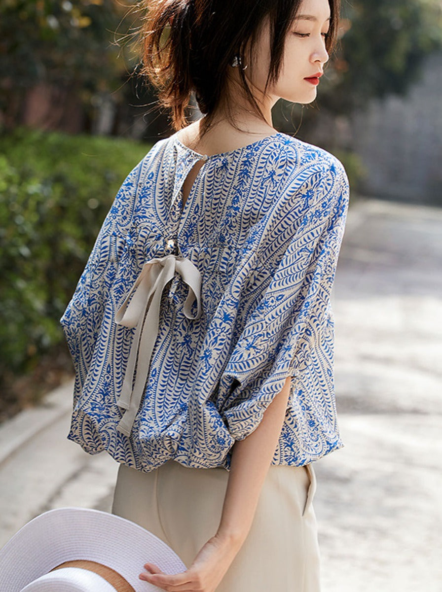 Maya Casual Back Bow Printed Blouse