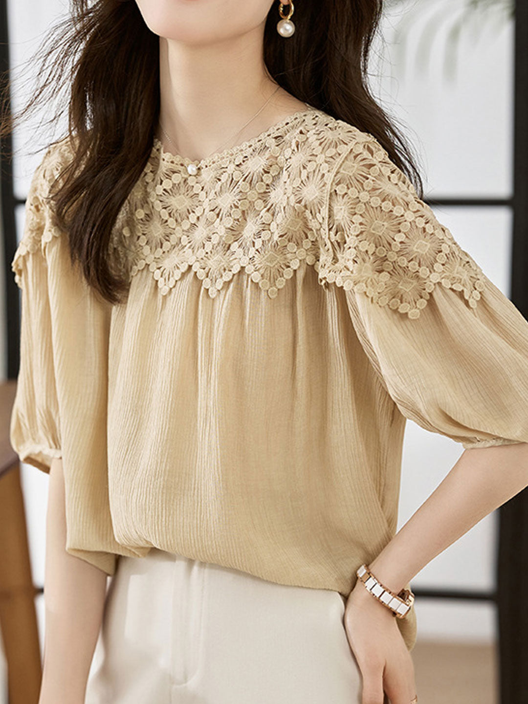 Sophie Loose Chiffon Lace Blouse-Apricot