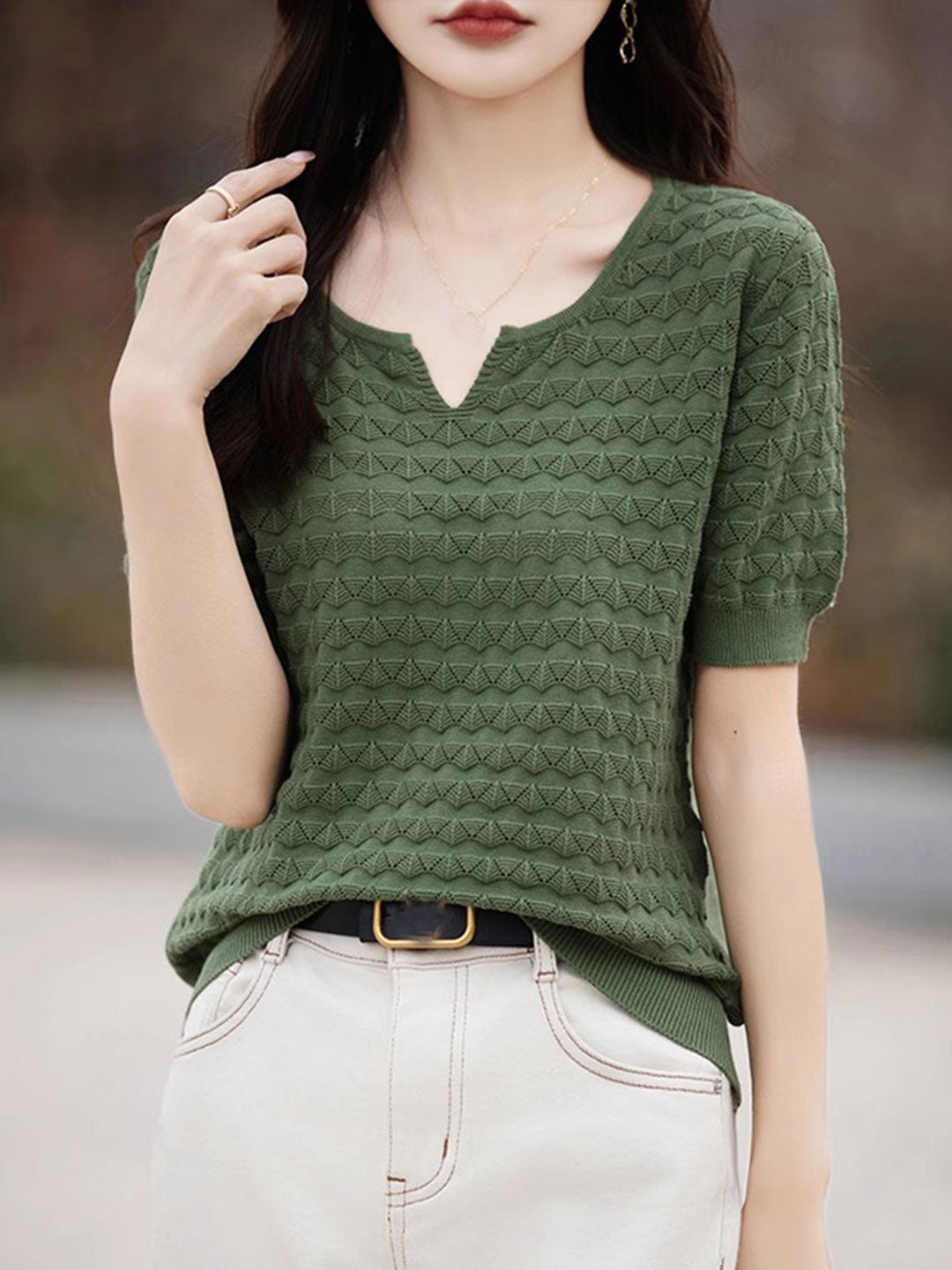 Chloe Loose Crew Neck Hooked Knitted Top-Green