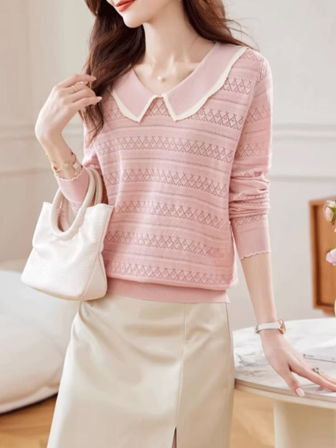 Nevaeh Classic Doll Collar Hollowed Knitted Top