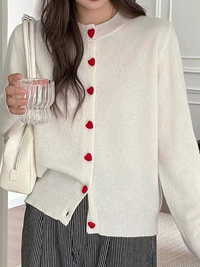 Raya Elegant Crew Neck Heart Button Knitted Cardigan