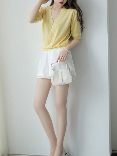 Sophia Casual V-Neck Knitted Top-Yellow