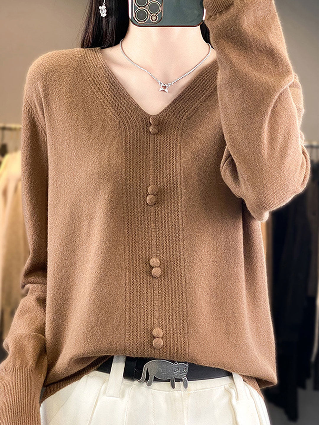 Abigail Casual V-neck Loose Knitted Sweater-Brown