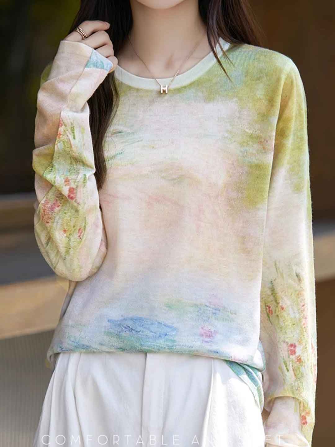 Nevaeh Casual Crew Neck Printed Wool Top-K