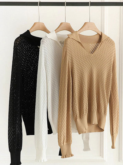 Ashley Classic V-Neck Hollow Solid Color Knitted Top