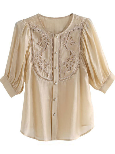 Grace Classic Hollowed Pleated Embroidered Top-Pink